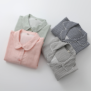 男女家居睡眠服 文艺范春夏薄开衫 亮色格子睡衣情侣纯棉纱长袖 长裤