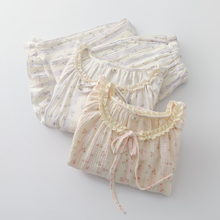 文艺范蕾丝套头睡衣女生纯棉纱甜美印花细绳长袖长裤家居睡眠服薄