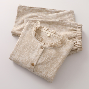 复古木耳边圆领睡衣女生文艺棉麻开衫收口长袖长裤春秋家居睡眠服