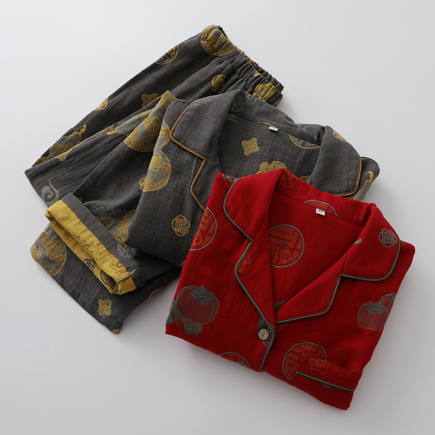 出口复古福禄睡衣情侣色织纯棉纱长袖长裤贺新年男女家居睡眠服薄