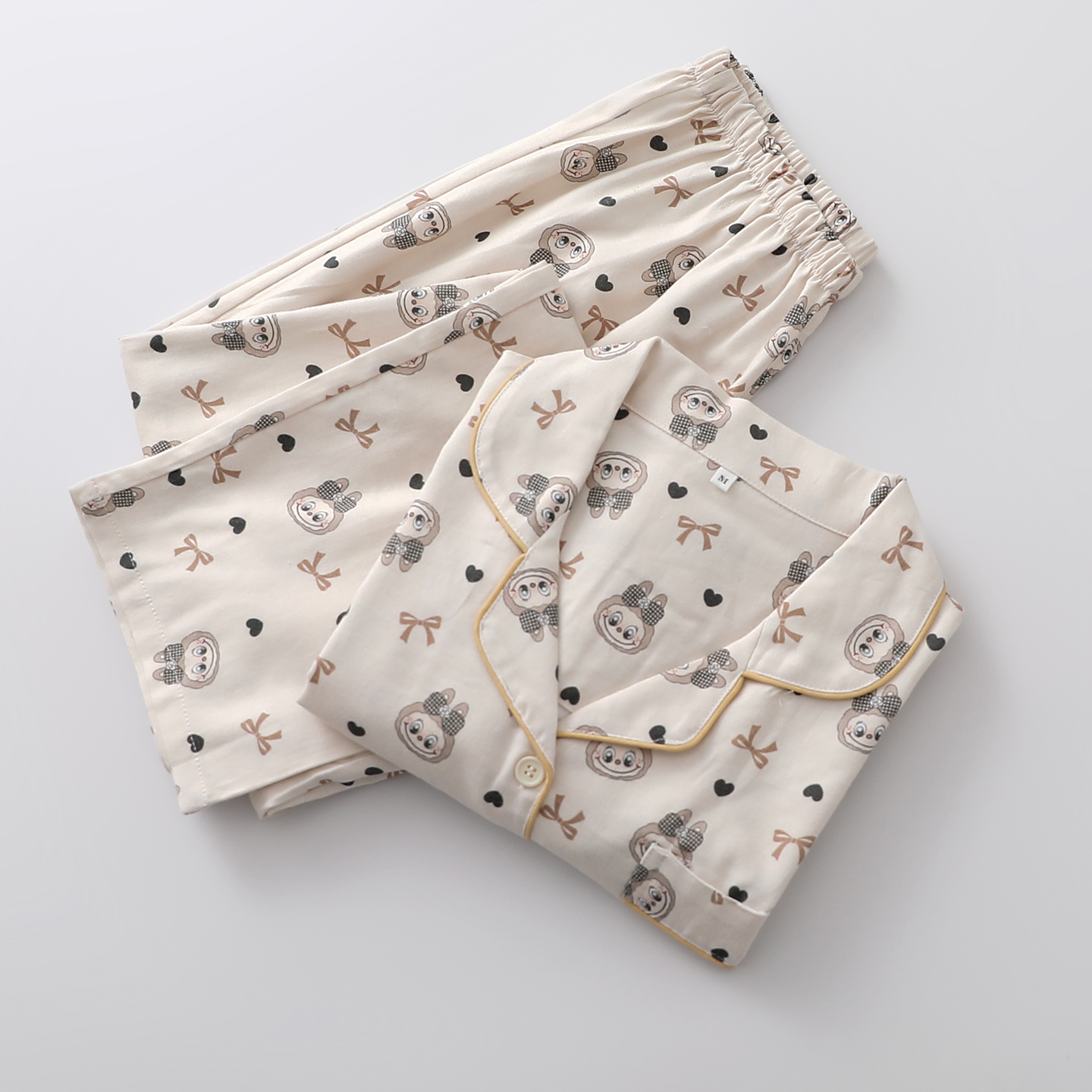 卡通娃娃睡衣女生蝴蝶结梭织纯棉绒布开衫长袖长裤家居睡眠服套装