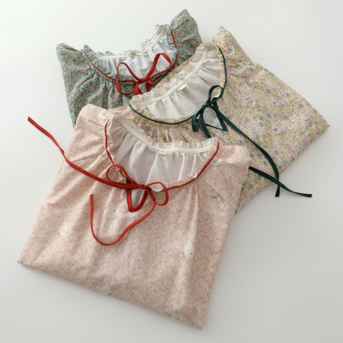 国风田园碎花睡衣女生纯棉纱9分飘带系绳套头家居服套装可外穿薄