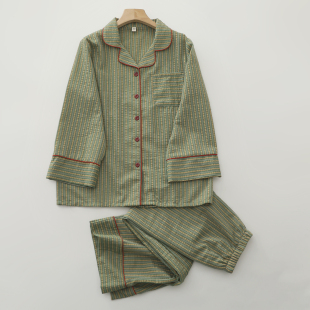 条纹翻领睡衣套装 家居服带口袋薄款 女士涤棉日系开衫 长裤 长袖 时尚