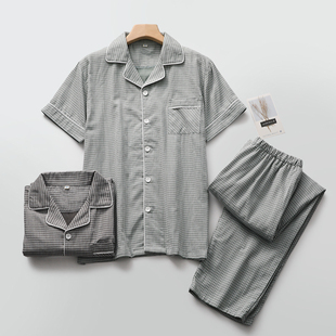 出口千鸟格睡衣男纯棉纱夏季 家居空调服简约格子可外穿 薄短袖 长裤
