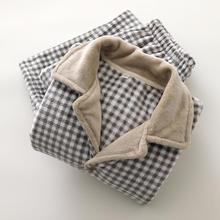 厚实珊瑚绒睡衣男文艺咖啡格子长袖长裤冬季法兰绒家居服套装清新