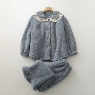 娃娃领冬季睡衣套女生厚实珊瑚绒甜美蕾丝边减龄保暖家居服可外穿