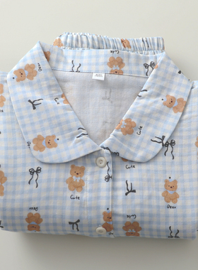 蓝色卡通圆领睡衣女生纯棉纱薄款大口袋长袖长裤家居空调睡眠服薄