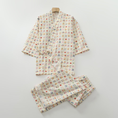 卡通小狗印花汉服睡衣女生纯棉纱7分袖长裤减龄清新汗蒸家居服薄