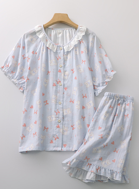 卡通蓝色花边夏季睡衣女纯棉纱短袖短裤圆领家居睡眠服可外穿薄款