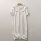 家居连衣裙可外穿 细绳中长款 卡通小兔木耳边短袖 睡裙女纯棉纱薄款