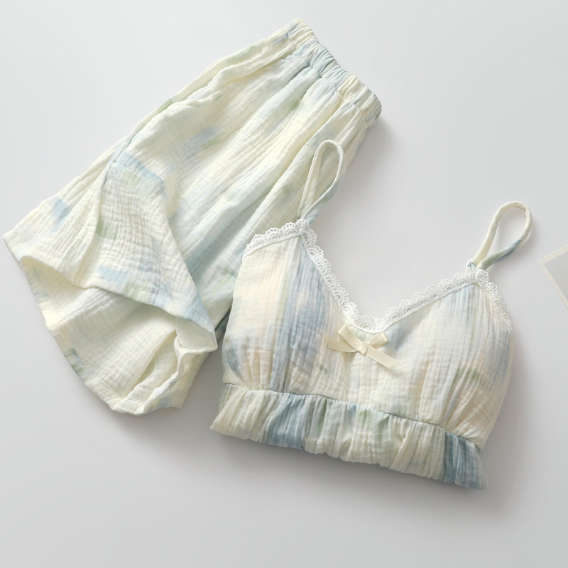 纱布吊带短裤睡衣女纯棉纱带胸垫夏天蕾丝花边免文胸凉感家居服薄,女士内衣/男士内衣/家居服,睡衣/家居服套装,淘宝优惠券,粉丝福利购,淘宝优惠卷