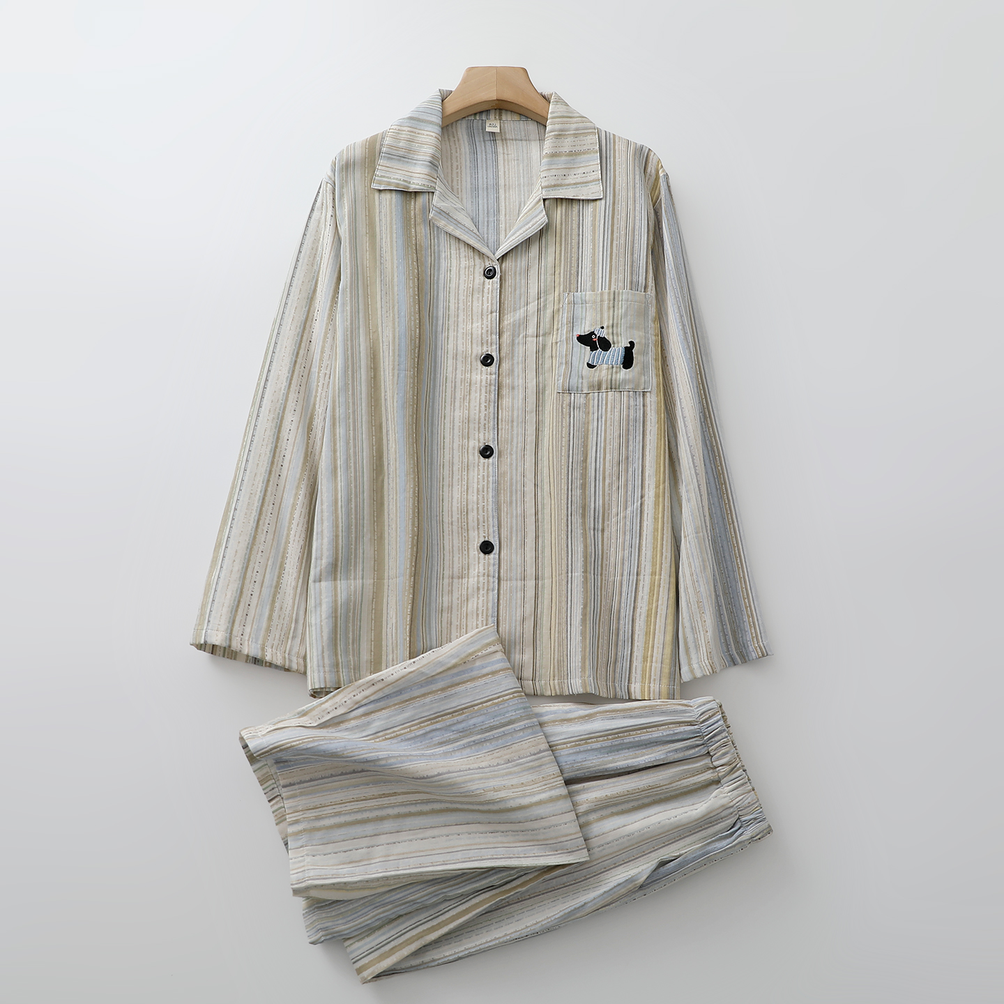 复古情侣条纹睡衣男女士纯棉纱卡通小狗刺绣长袖长裤家居睡眠服薄