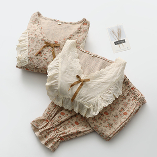 【玫瑰】大蕾丝套头睡衣女水洗纯棉纱碎花收口长袖田园家居睡眠服