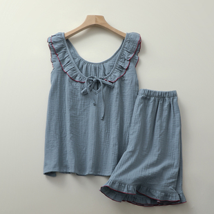 出口凉感宽背心短裤睡衣女纯棉纱文艺范套头木耳边细绳家居睡眠服