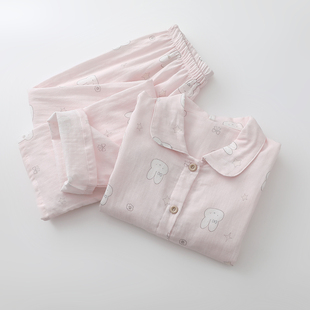 粉色小白兔睡衣女生纯棉纱布薄款文艺范开衫长袖长裤春夏薄家居服