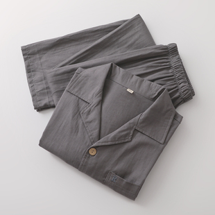 春秋文艺范薄睡衣男士纯棉纱长袖长裤日系翻领纯色全棉家居睡眠服