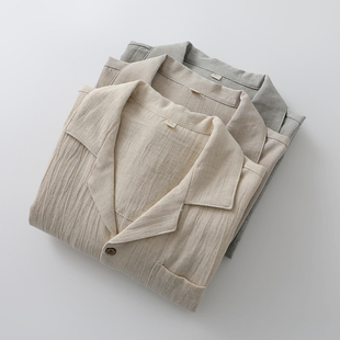 文艺范棉麻睡衣套装男士梭织纯棉薄款长袖长裤家居睡眠服可外穿