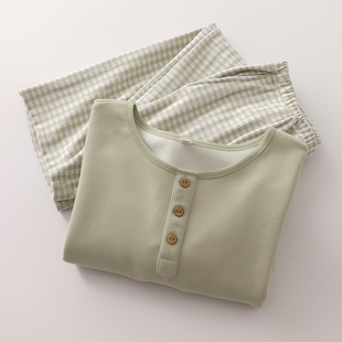 运动套头睡衣女生秋冬保暖德绒AB款纯色长袖格子长裤软糯家居服厚