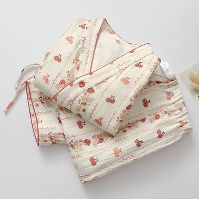 印花樱桃纯棉纱和服睡衣可调节女