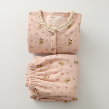 卡通小熊花边睡衣女生厚实珊瑚绒圆领开衫长袖长裤家居睡眠服外穿