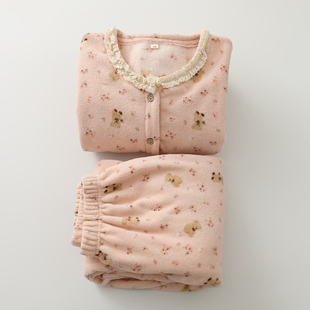 卡通小熊花边睡衣女生厚实珊瑚绒圆领开衫长袖长裤家居睡眠服外穿