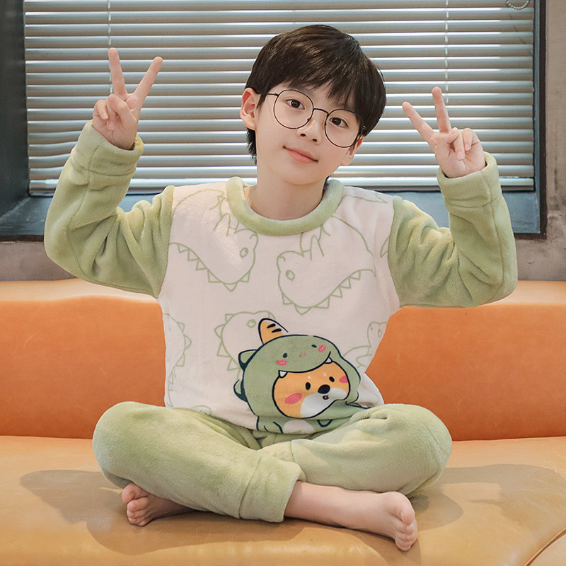 소년 가을 겨울 얇은 중대형 어린이 2024 새로운 소년 플란넬 양복을위한 공룡 어린이 산호 벨벳 잠옷