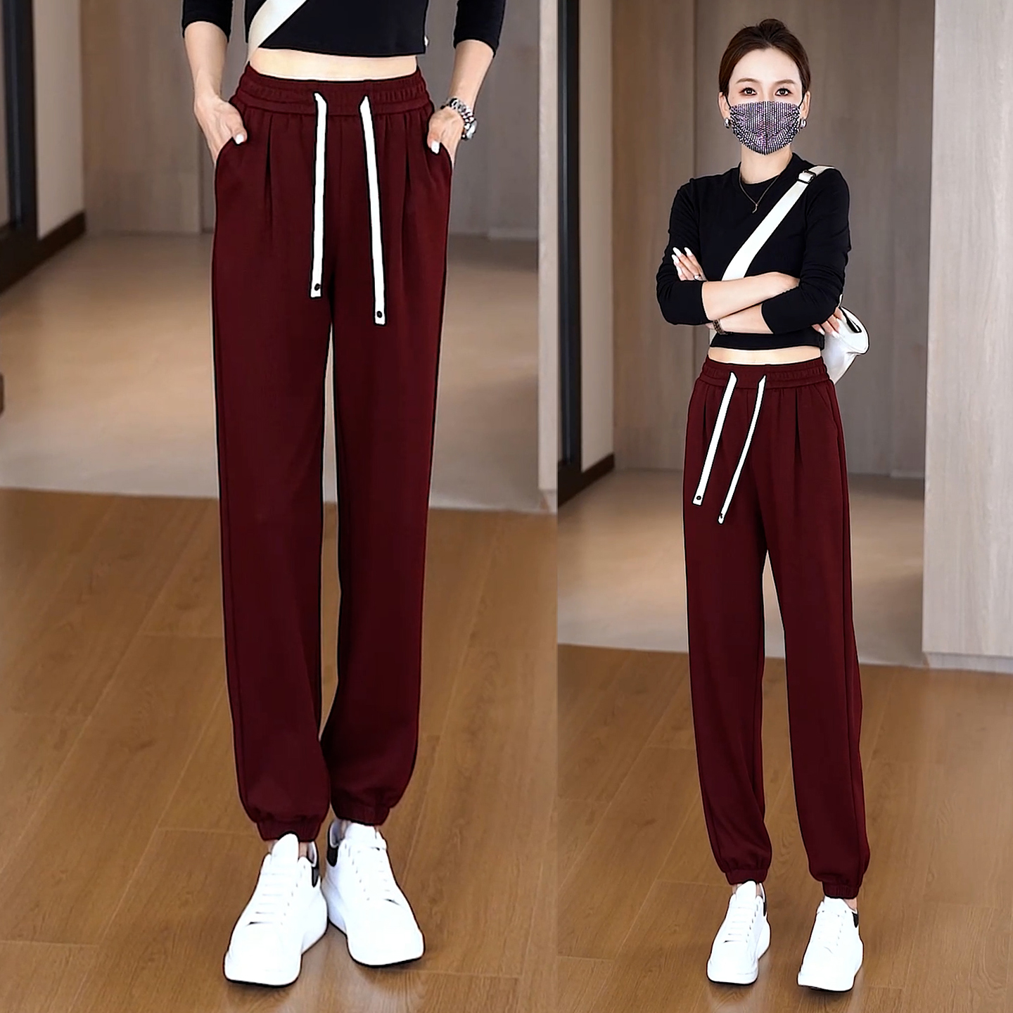 2025秋季新款宽松弹力束脚九分裤女小个子百搭抽绳高腰休闲裤卫裤