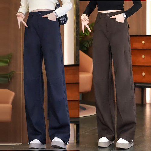 高腰宽松垂感工装裤2025秋冬新款百搭加绒休闲阔腿裤时尚直筒裤子