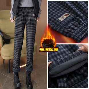 宽松休闲直筒哈伦老爹裤 2025年新款 子女秋冬季 加绒加厚格子毛呢裤