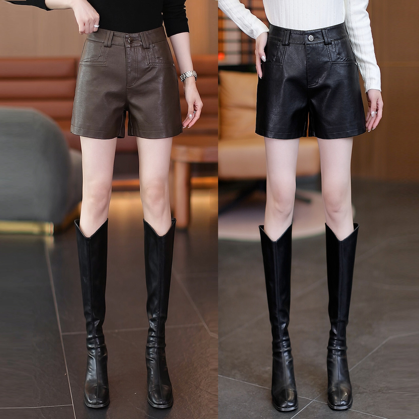 2025年新款pu皮阔腿短裤女秋季高腰热裤小个子休闲宽松外穿直筒裤,女装/女士精品,休闲裤,淘宝优惠券,粉丝福利购,淘宝优惠卷