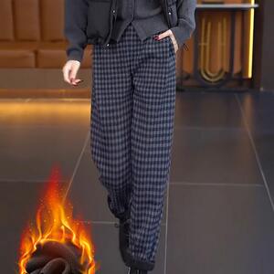 毛呢格子加绒裤子女秋冬2024新款高腰显瘦加厚休闲直筒西装哈伦裤