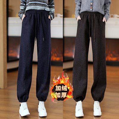 加绒加厚九分哈伦裤子2025冬季新款宽松保暖小个子高腰束脚休闲裤