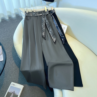2025秋季新款丝带西装窄版阔腿裤女士直筒裤气质小个子垂感休闲裤