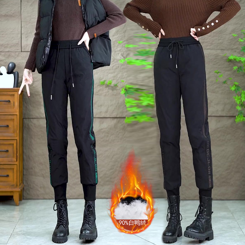 白鸭绒工装羽绒裤女外穿2024新款高腰休闲加厚保暖束脚直筒棉裤子