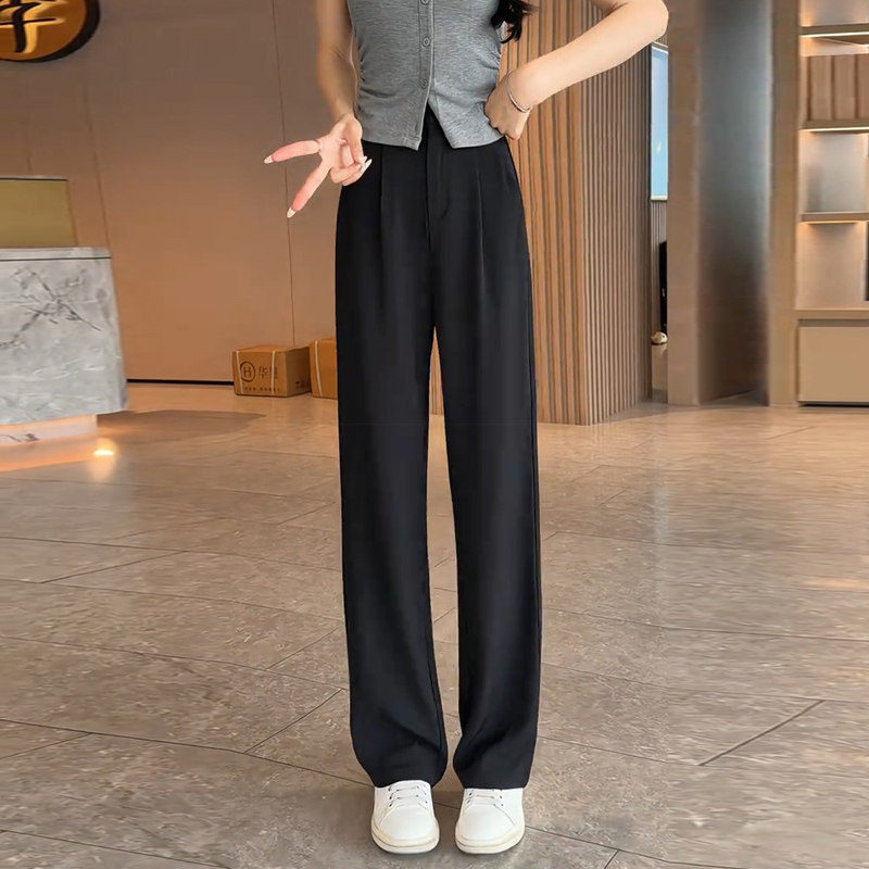 黑色冰丝直筒西装裤女夏季2026薄款高腰休闲小个子通勤凉感阔腿裤