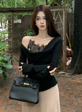 木子李的李优雅长袖荡领一字肩上衣假两件针织衫半身鱼尾裙套装秋