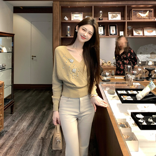 羊毛上衣垂感针织喇叭长裤 V领针织衫 女冬 李轻熟优雅长袖 木子李