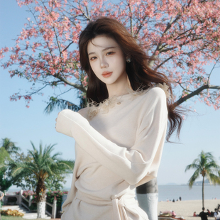 花朵收腰上衣网纱半身裙冬 斜肩针织衫 木子李 李设计感温柔风长袖