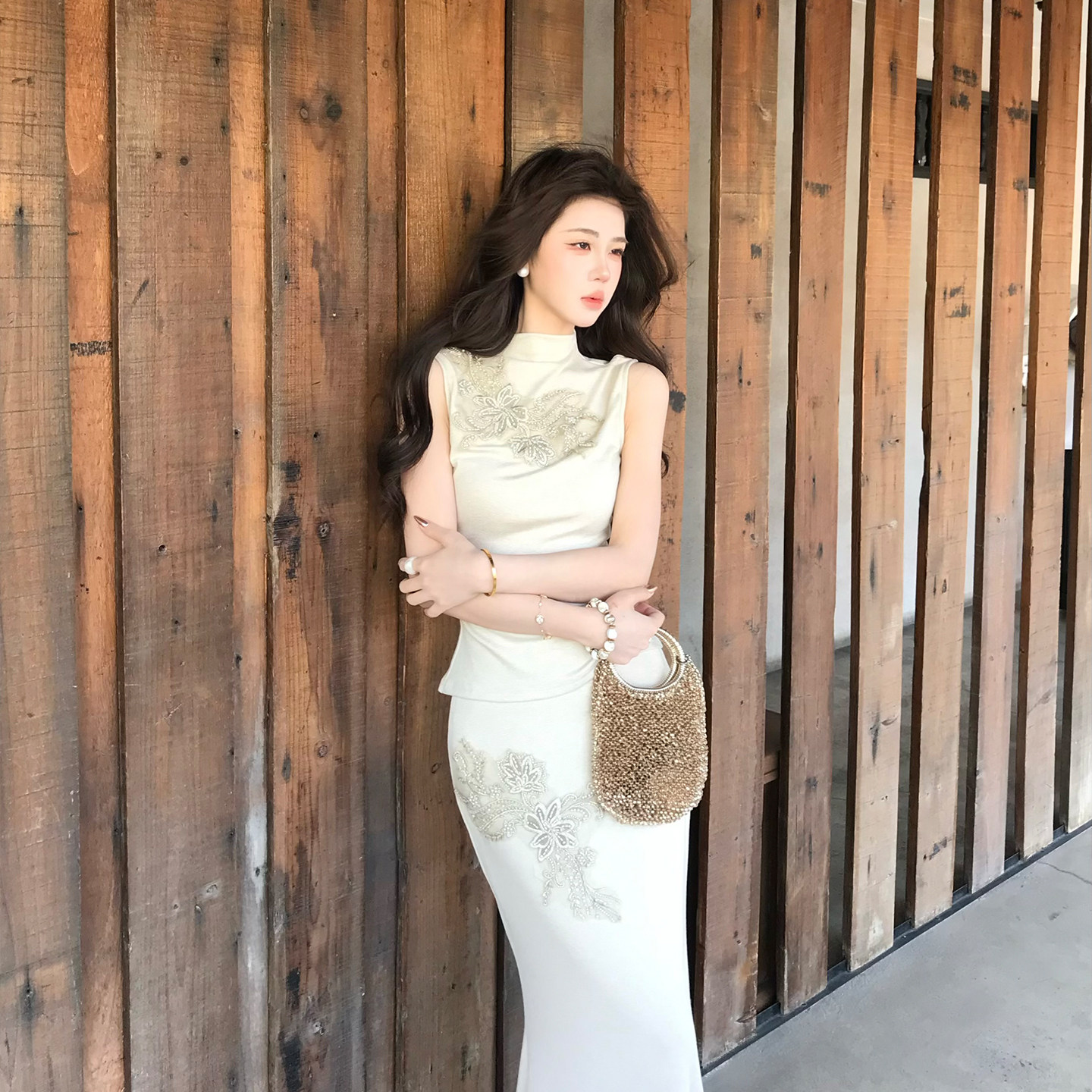 木子李的李新中式重工刺绣针织套装无袖高弹亲肤上衣鱼尾半身裙夏