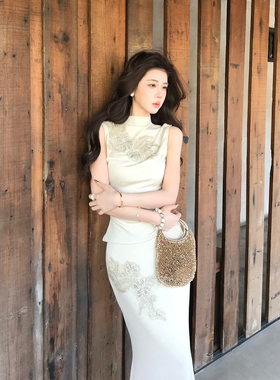 木子李的李新中式重工刺绣针织套装无袖高弹亲肤上衣鱼尾半身裙夏