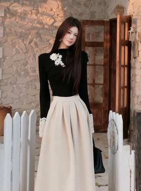 木子李的李法式名媛蕾丝拼接长袖高领针织衫上衣毛呢垂感半身裙冬