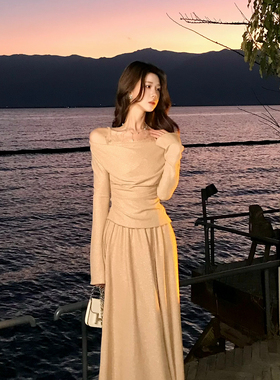 木子李的李温柔纯欲风蕾丝花边一字肩长袖针织衫垂感半身裙套装春