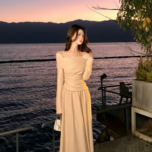 垂感半身裙套装 针织衫 春 李温柔纯欲风蕾丝花边一字肩长袖 木子李