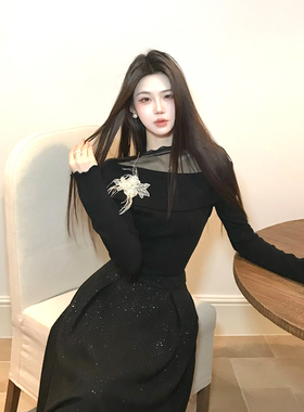 木子李的李秋冬设计感网纱拼接翻领针织衫上衣呢子半身裙黑色套装