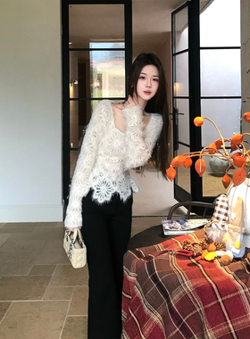 木子李的李设计感长袖方领内搭蕾丝上衣可外穿加绒针织喇叭长裤冬