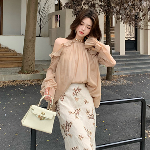 挂脖上衣高腰垂感半身裙套装 浪漫露肩长袖 李2025早秋法式 木子李