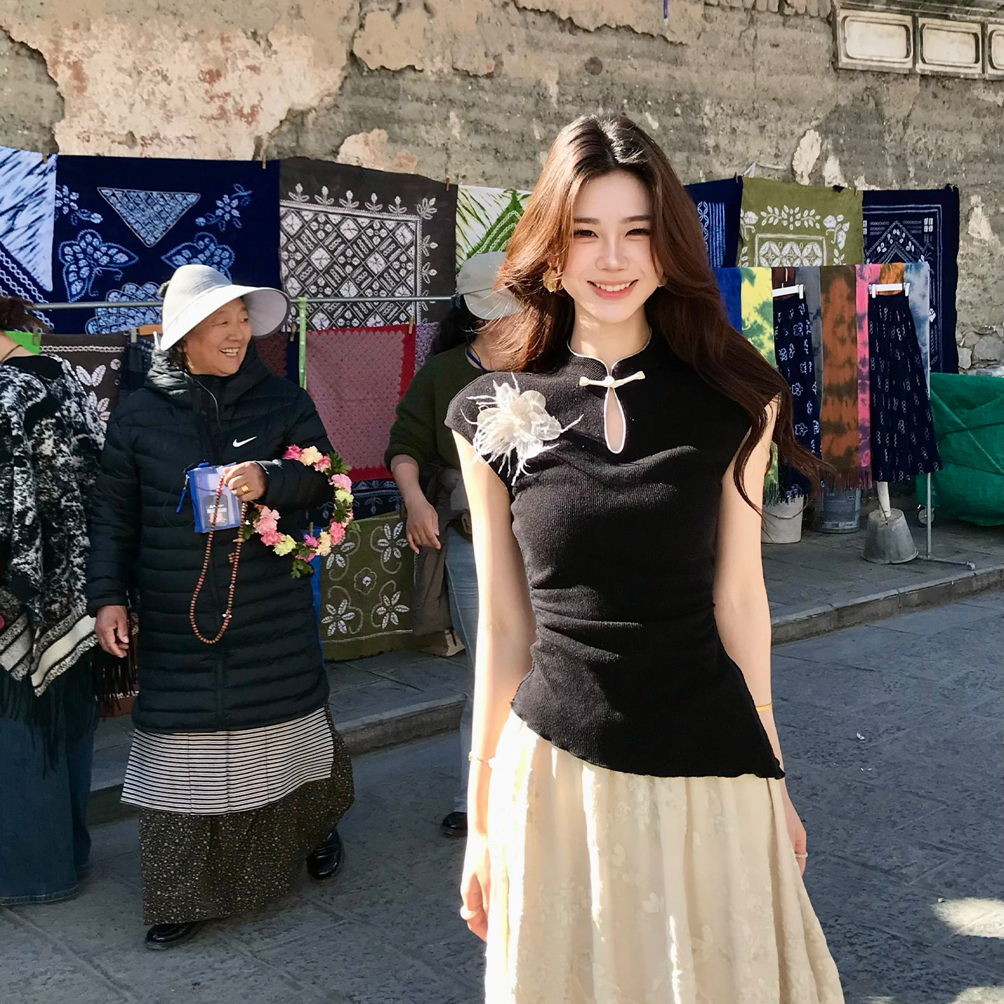 木子李的李新中式花朵立领盘扣显瘦针织上衣丝绒提花半身裙套装夏