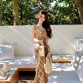 格纹印花连衣裙垂感蕾丝拼接雪纺长裙 慵懒荡领无袖 木子李 李法式