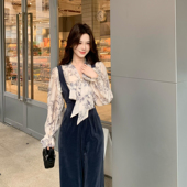 李秋冬慵懒长袖 印花雪纺衫 上衣丝绒连体裤 木子李 背带高腰阔腿裤