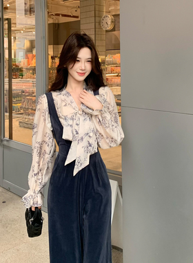 木子李的李秋冬慵懒长袖印花雪纺衫上衣丝绒连体裤背带高腰阔腿裤